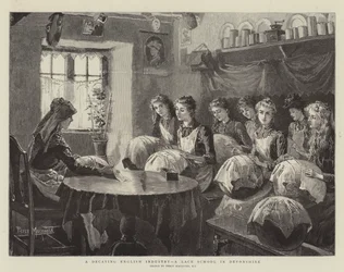 Een vervallende Engelse industrie, een kantwerkschool in Devonshire